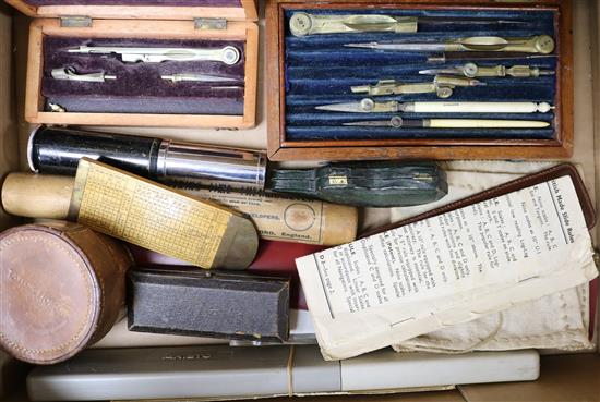 A cased microscope and mixed drawing instruments etc